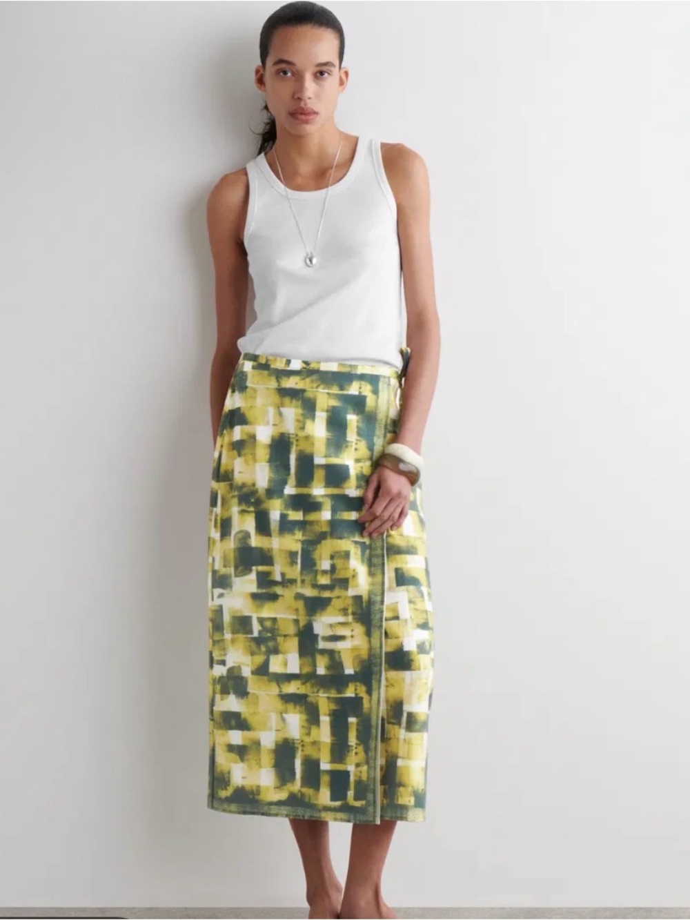 COS Printed Wrap Midi Skirt in Yellow and Green